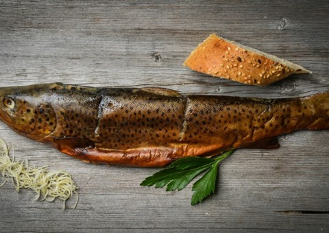 Jobi ®-Seeforelle geräuchert:   Bei 80 °C werden die Fische auf Rosten mit Buchenspänen geräuchert.
